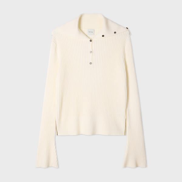 paul smith women's ecru ribbed knit sailor-collar button sweater white