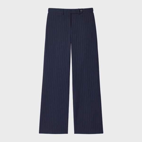 paul smith women's navy pinstripe wool wide-leg trousers blue