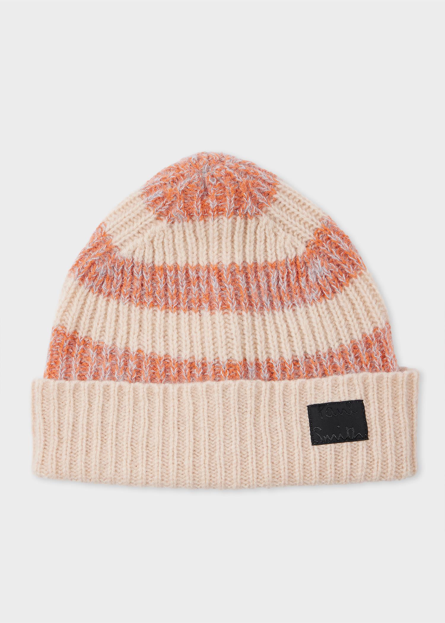 paul smith women's pink and beige lambswool-blend block stripe beanie white