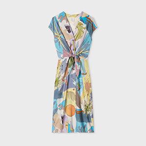 paul smith women's tie front pastel 'river collage' midi dress blue