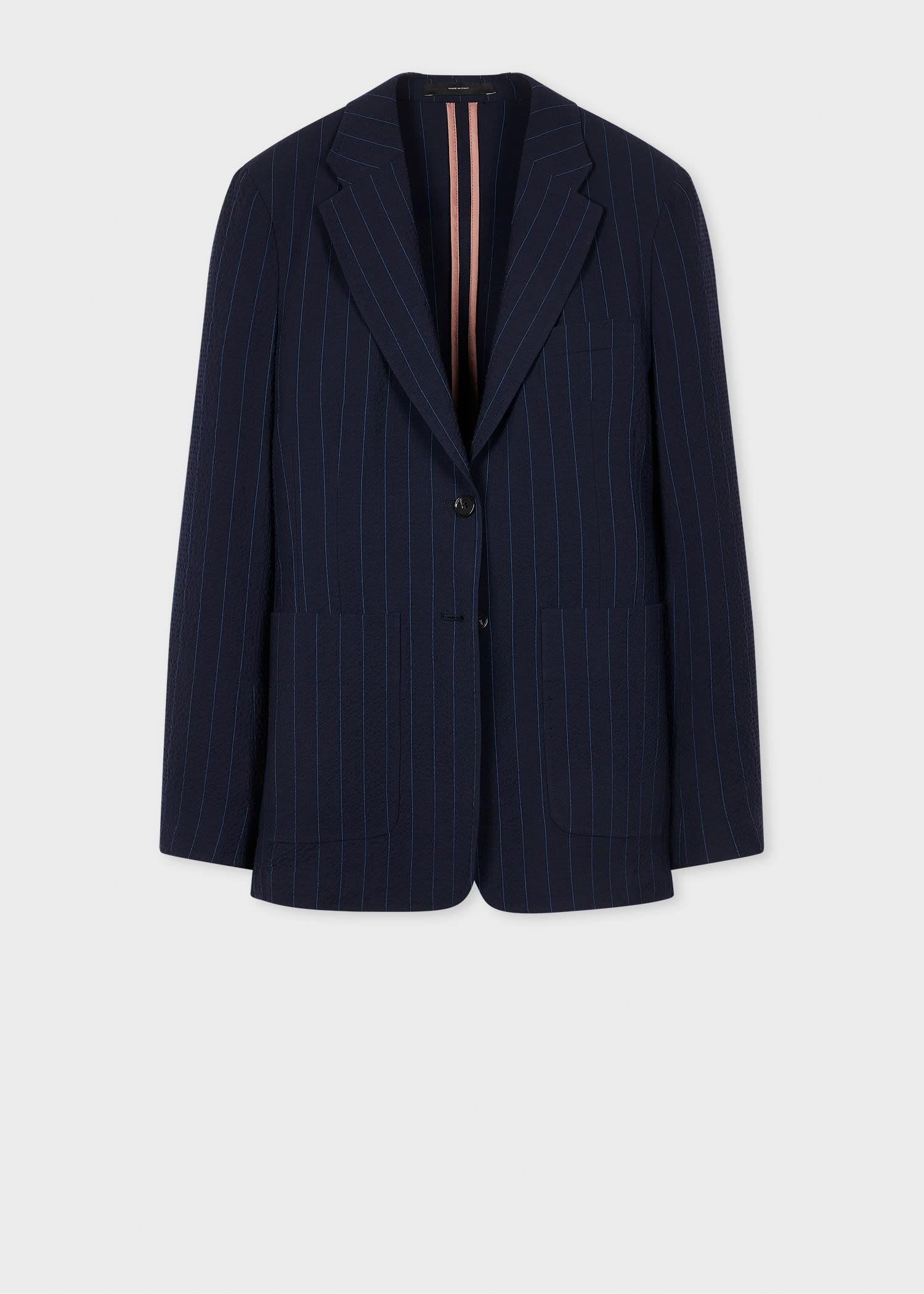 paul smith women's wool-blend navy seersucker pinstripe blazer blue