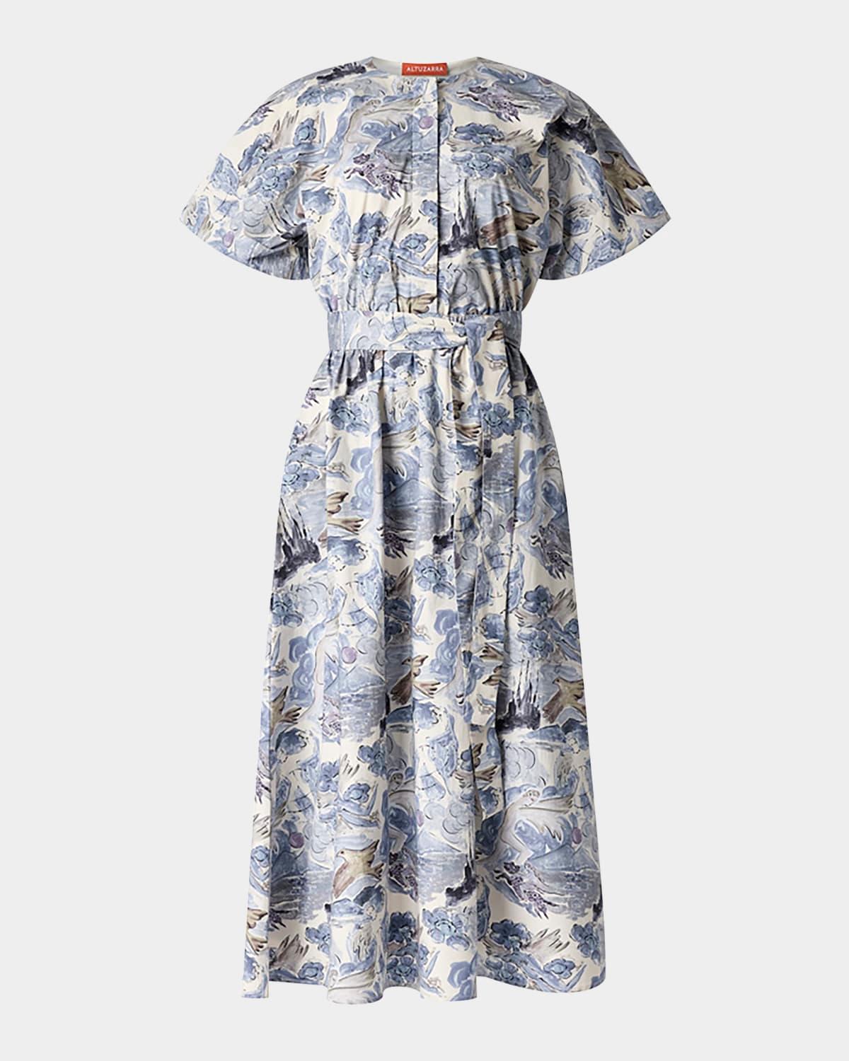 paulina printed poplin self-tie dress