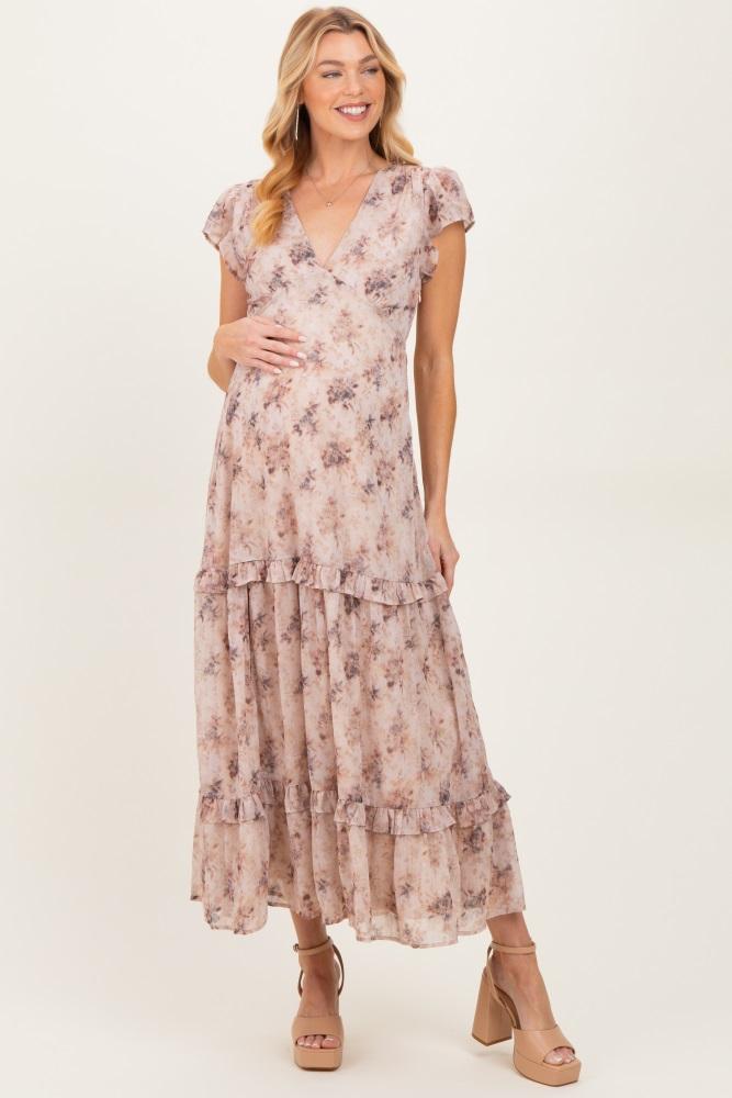 peach abstract print ruffle trim maternity maxi dress