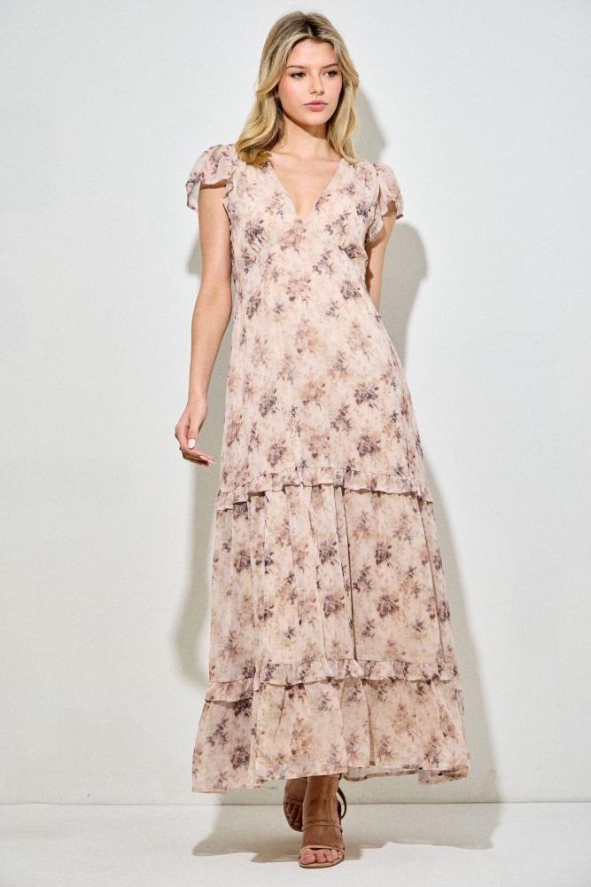 peach abstract print ruffle trim maxi dress