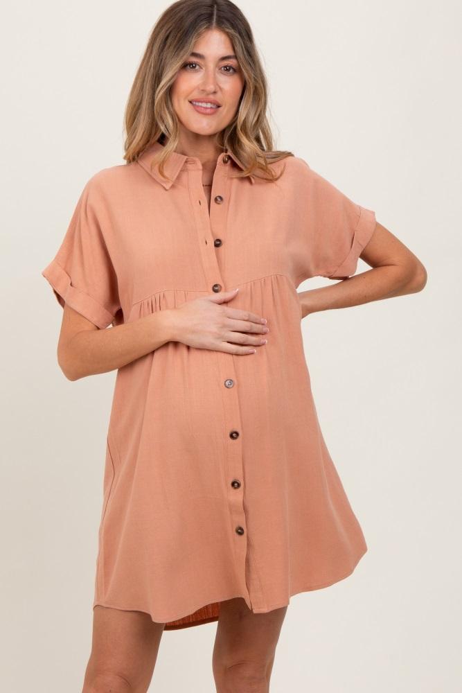 peach dolman sleeve linen maternity shirt dress