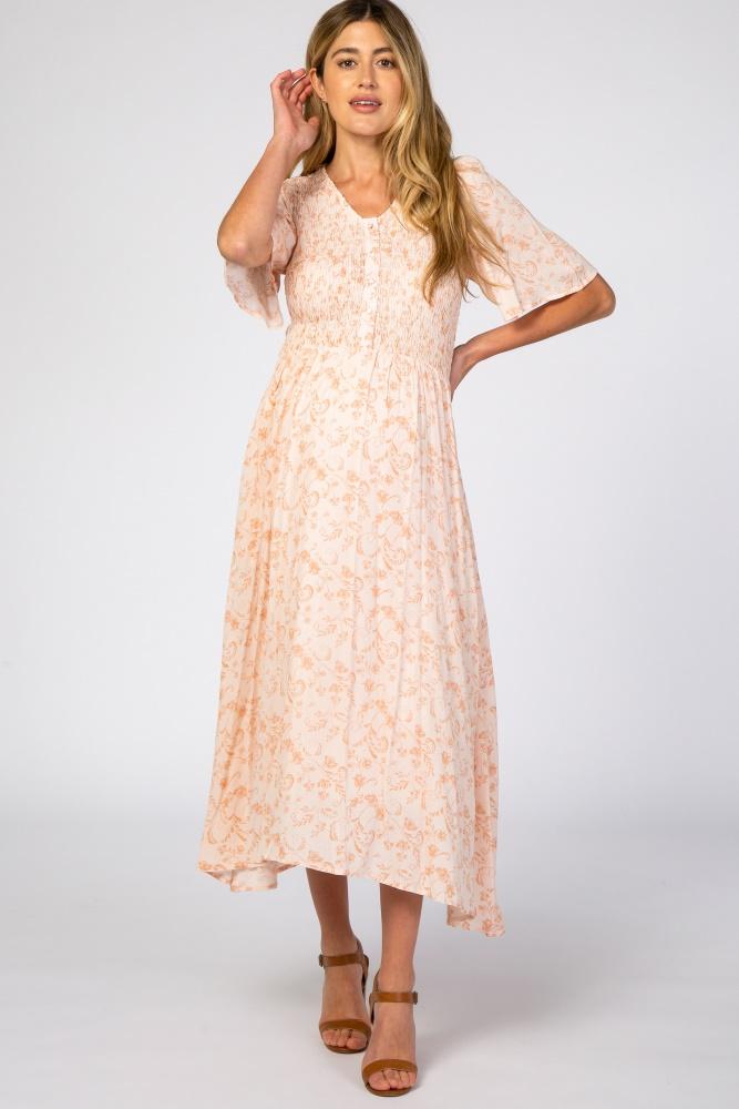 peach floral button front smocked maternity midi dress
