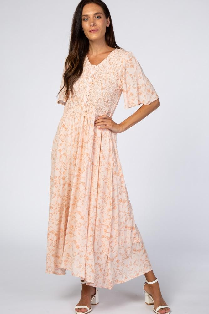 peach floral button front smocked midi dress