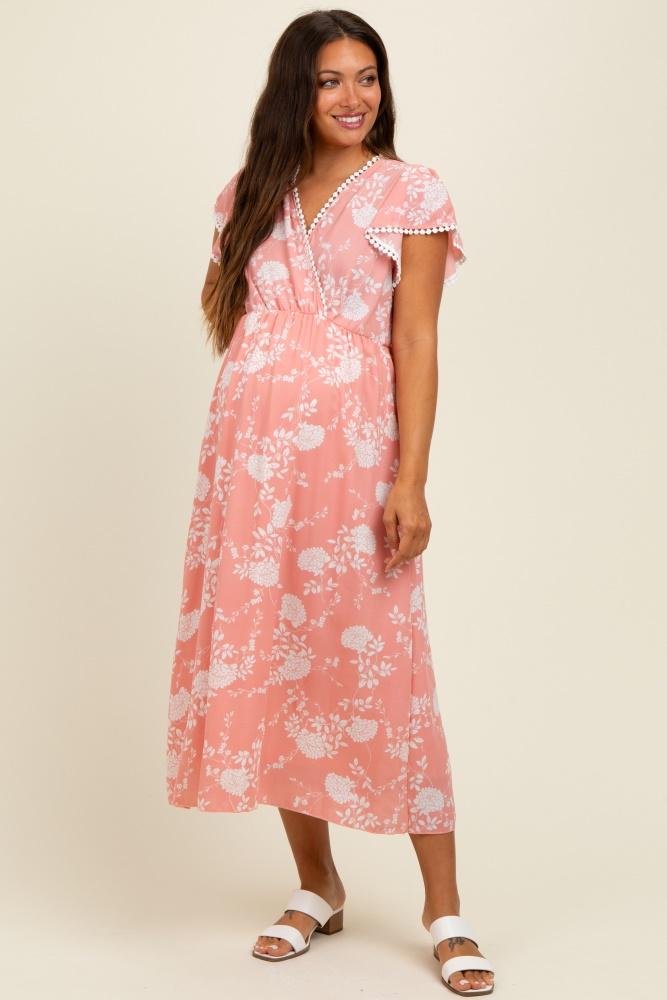 peach floral crochet trim maternity midi dress