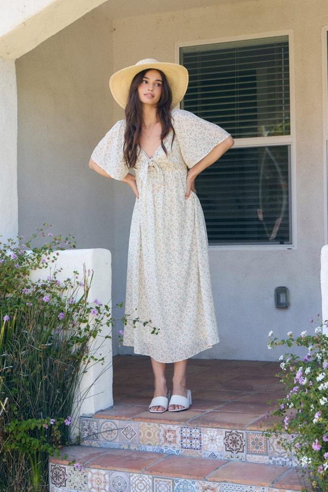 peach floral front tie midi dress