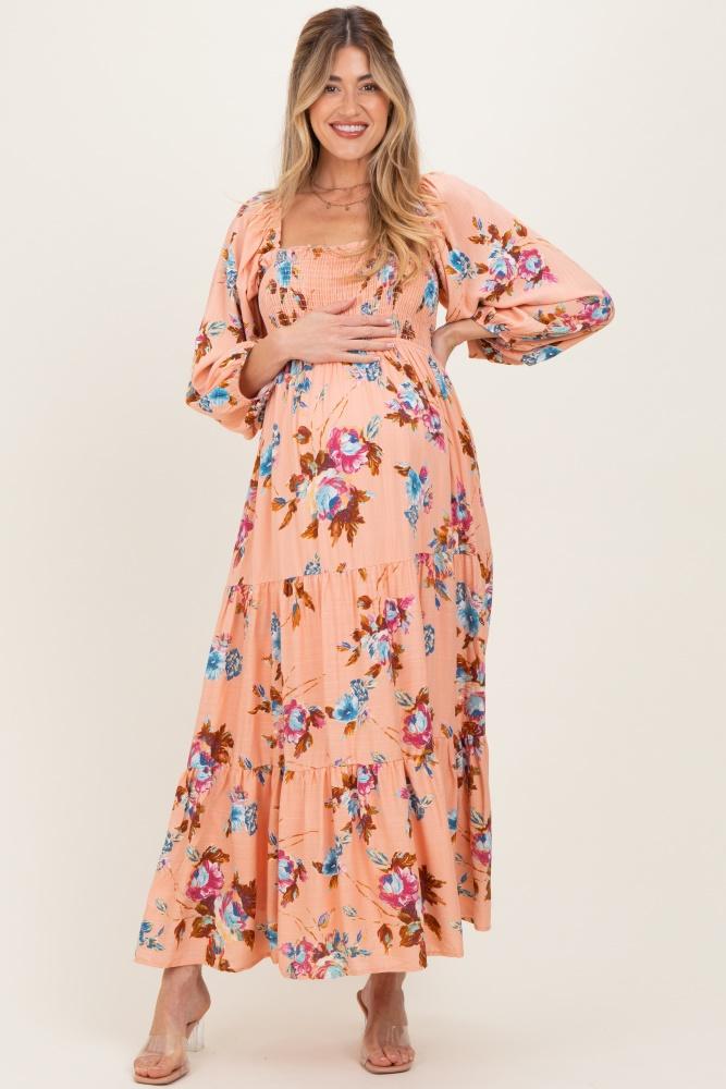 peach floral long sleeve smocked top tiered maternity maxi dress