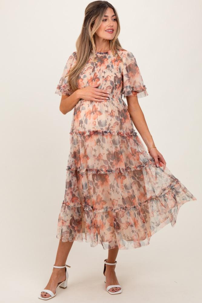 peach floral mesh smocked maternity midi dress