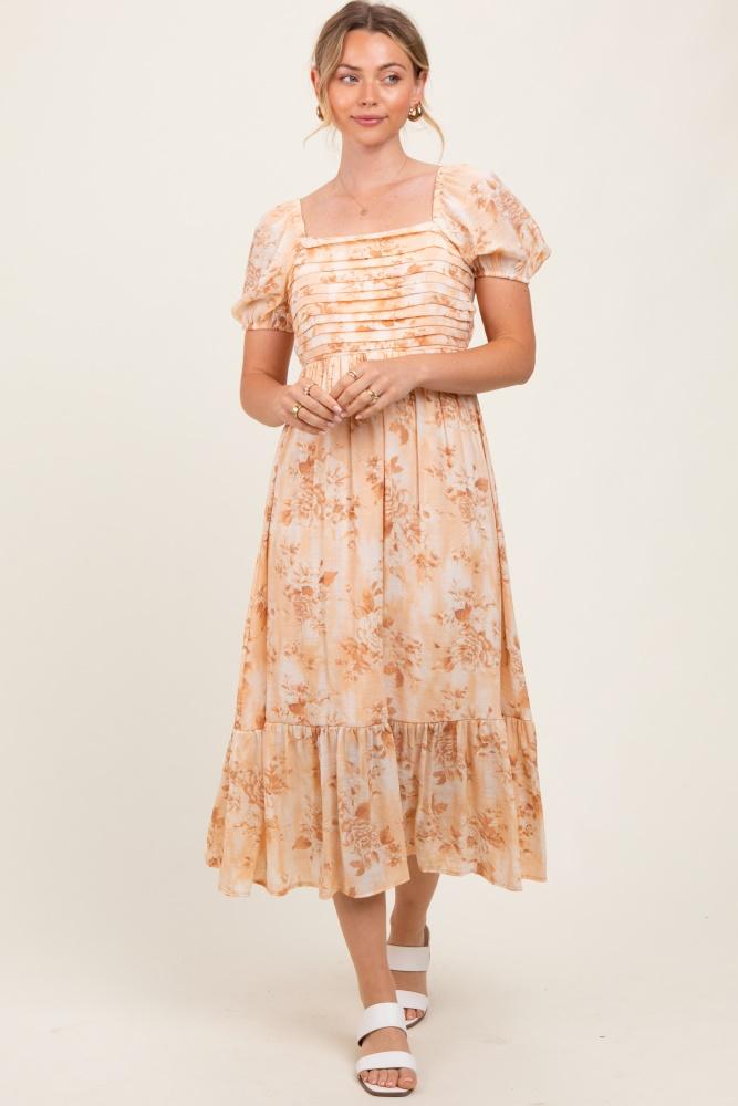peach floral pleated bust puff sleeve midi dress