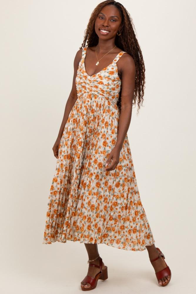 peach floral pleated midi dress