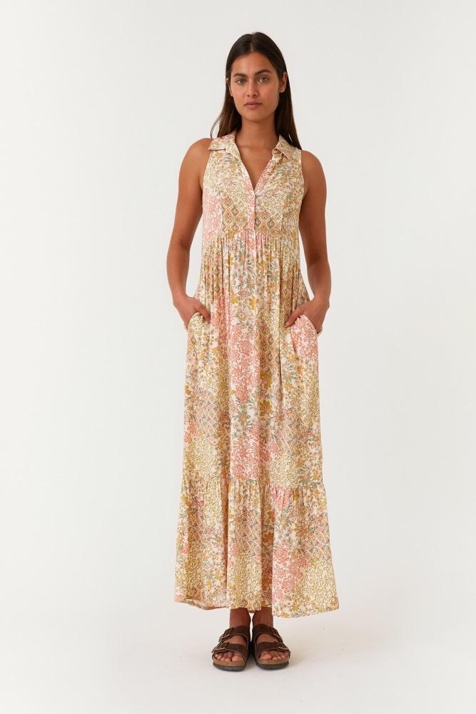 peach floral sleeveless button tiered collared maxi dress