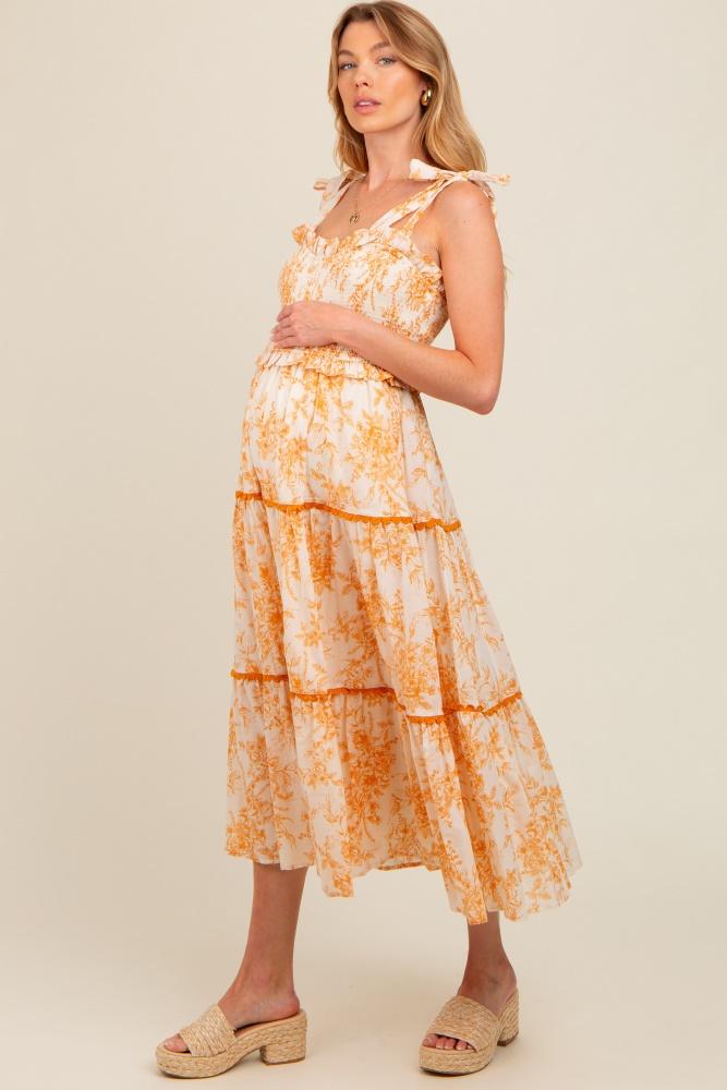 peach floral sleeveless ruffle tiered maternity midi dress