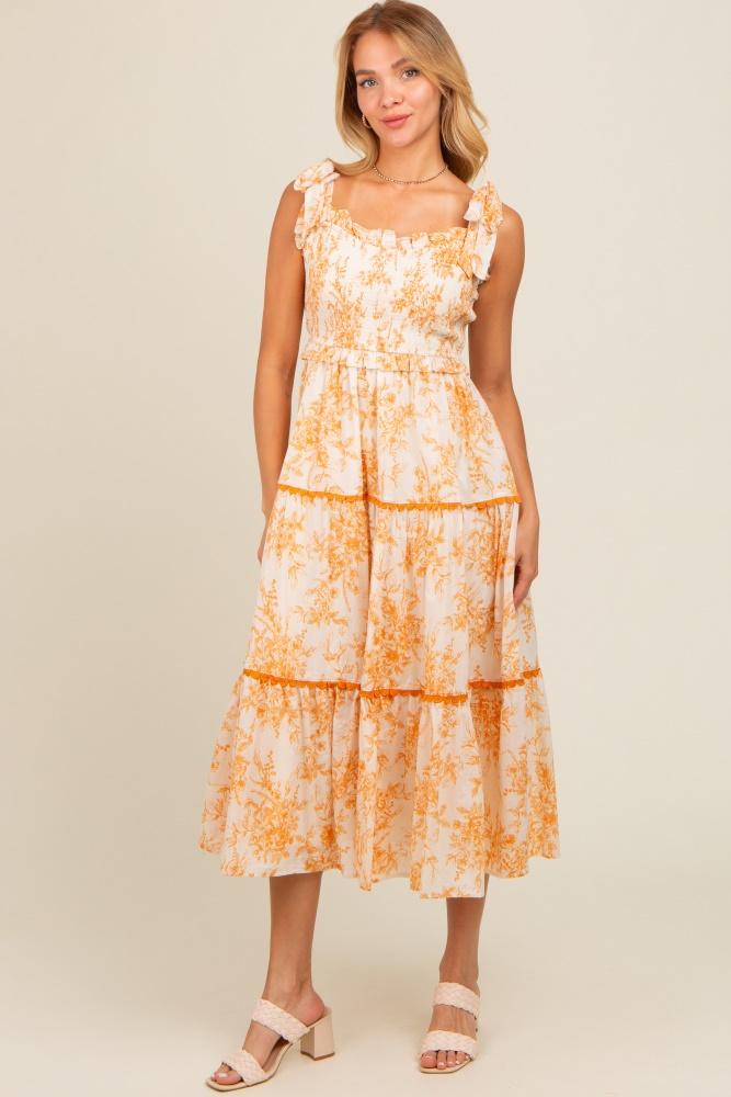 peach floral sleeveless ruffle tiered midi dress