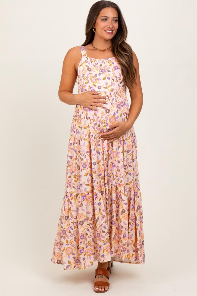 peach floral sleeveless tiered maternity maxi dress