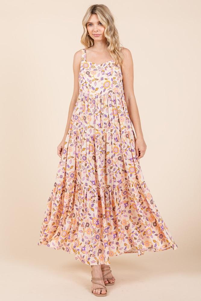 peach floral sleeveless tiered maxi dress