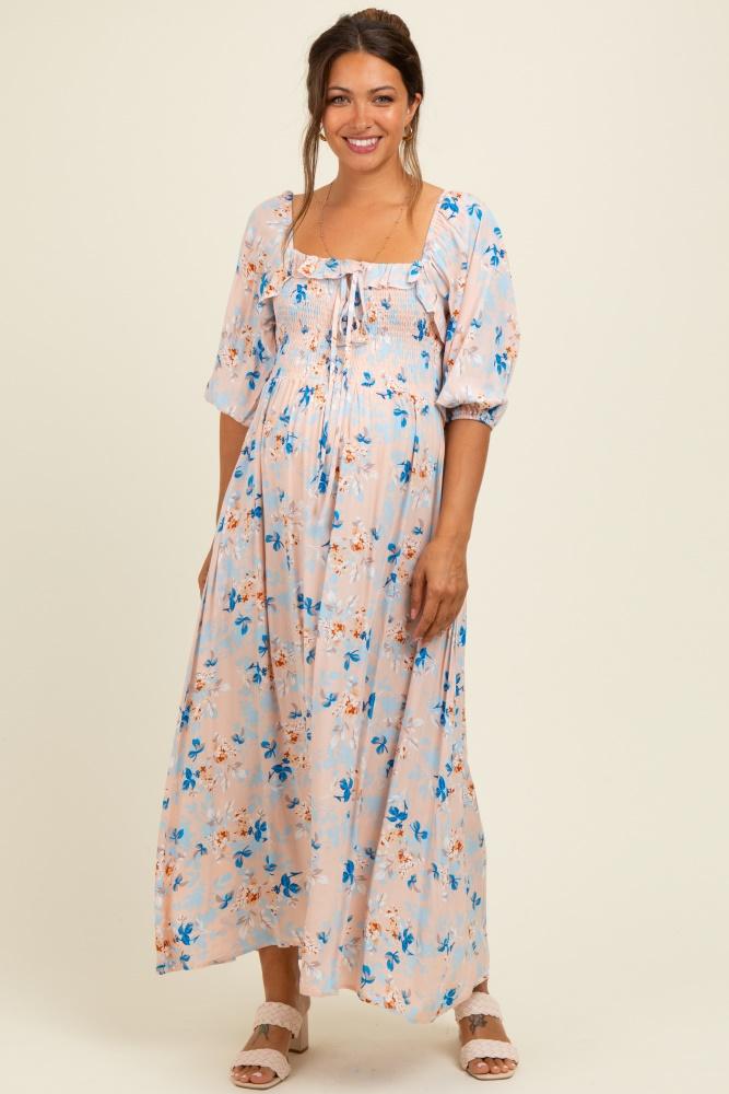 peach floral smocked front tie maternity maxi dress