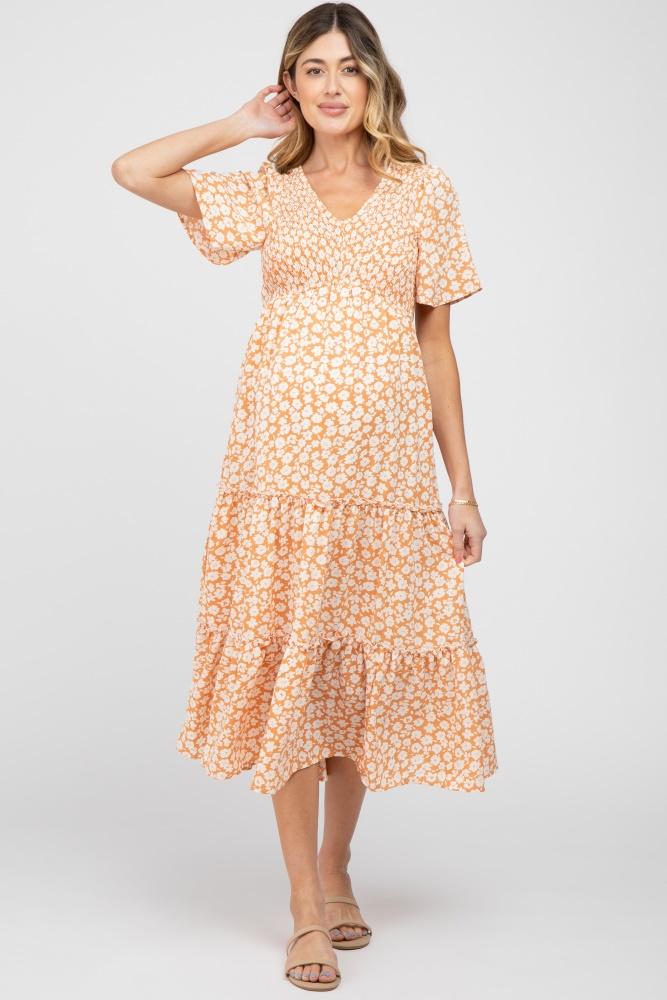 peach floral tiered maternity midi dress