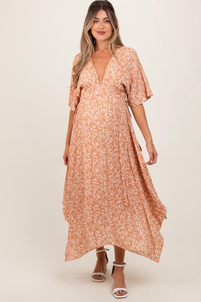 peach floral v-neck flutter sleeve maternity maxi dress