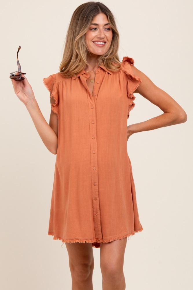 peach fringe detail ruffle sleeve maternity shirt dress