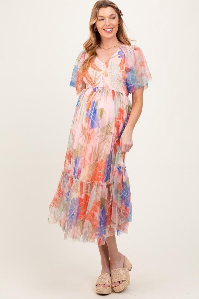 peach leaf print smocked mesh overlay maternity dress