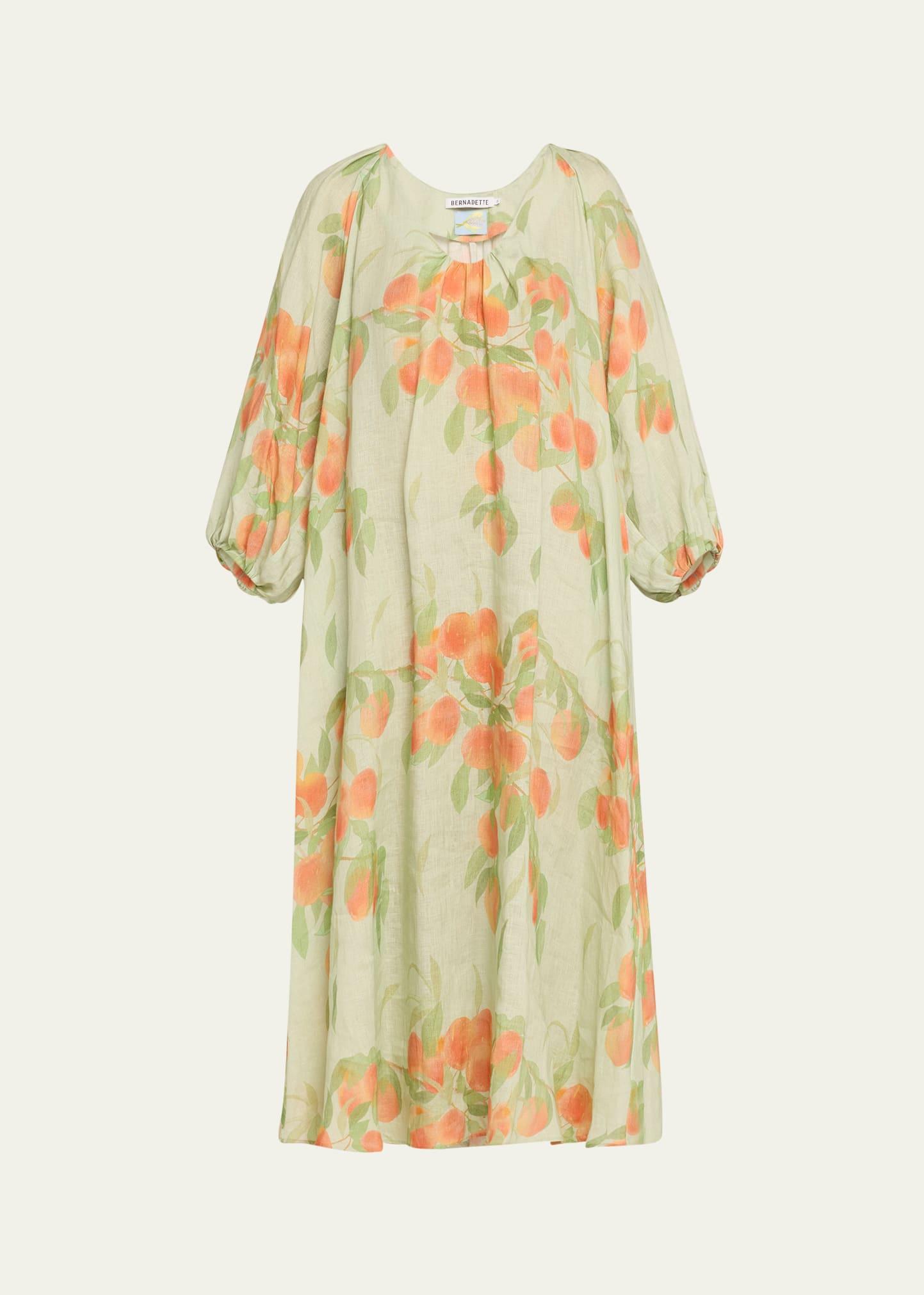 peach print puff-sleeve linen dress