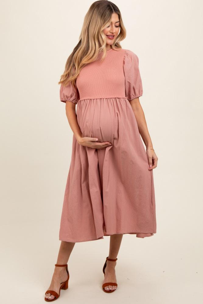 peach ribbed bodice puff sleeve maternity midi dress
