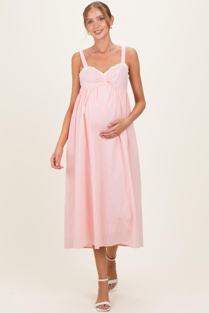 peach ruffle trim sweetheart neckline maternity midi dress
