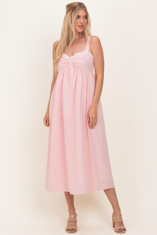 peach ruffle trim sweetheart neckline midi dress