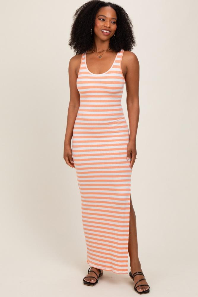 peach striped side slit maxi dress