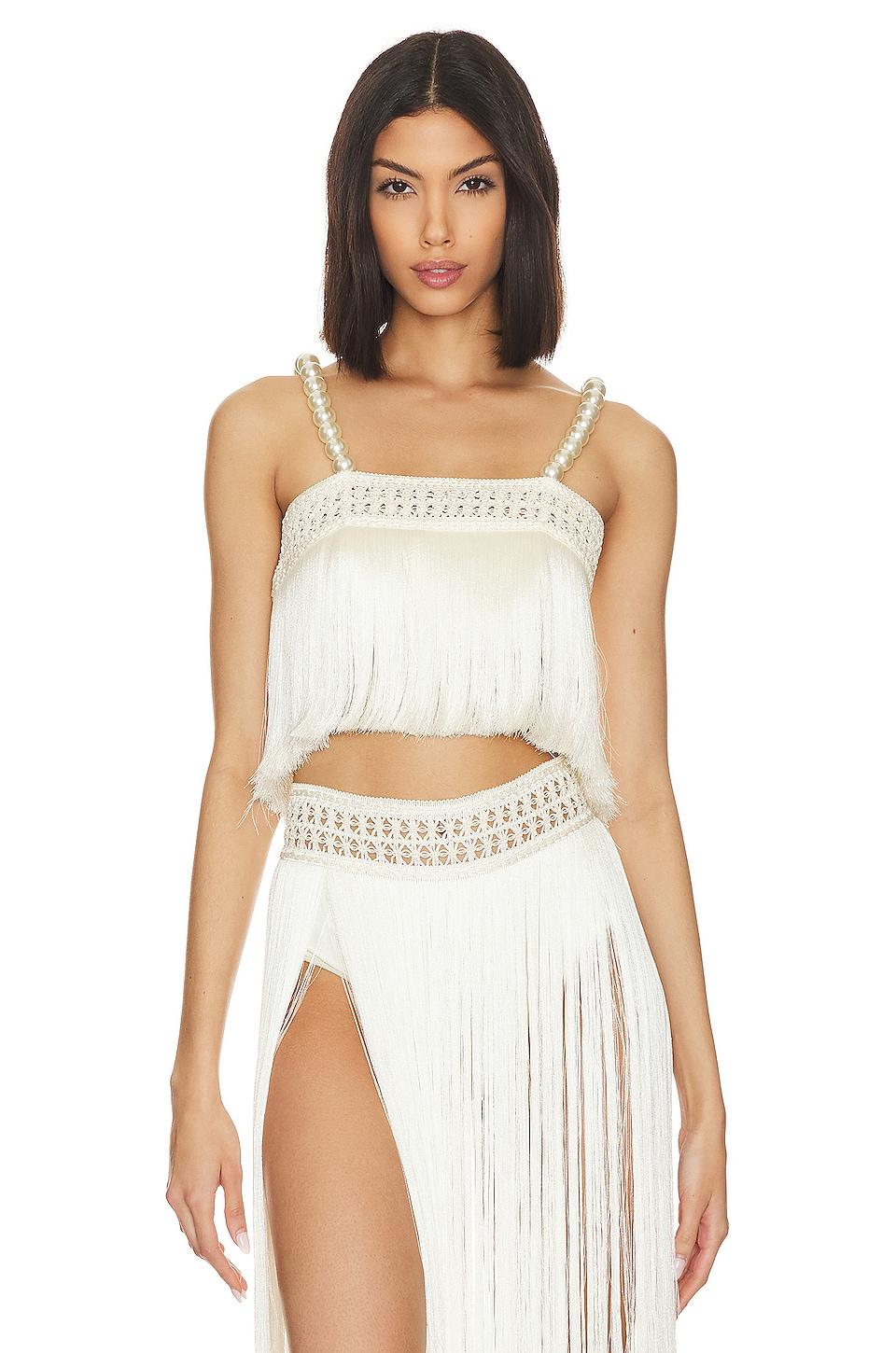 pearl beaded fringe crop top
