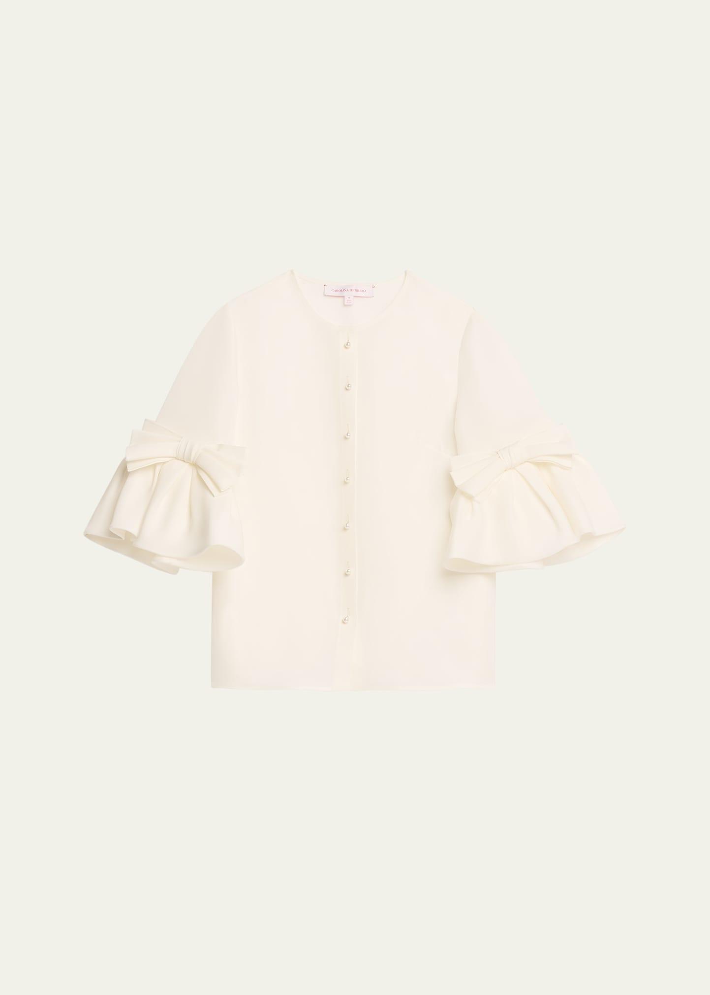 pearly button bow ruffle-sleeve silk top