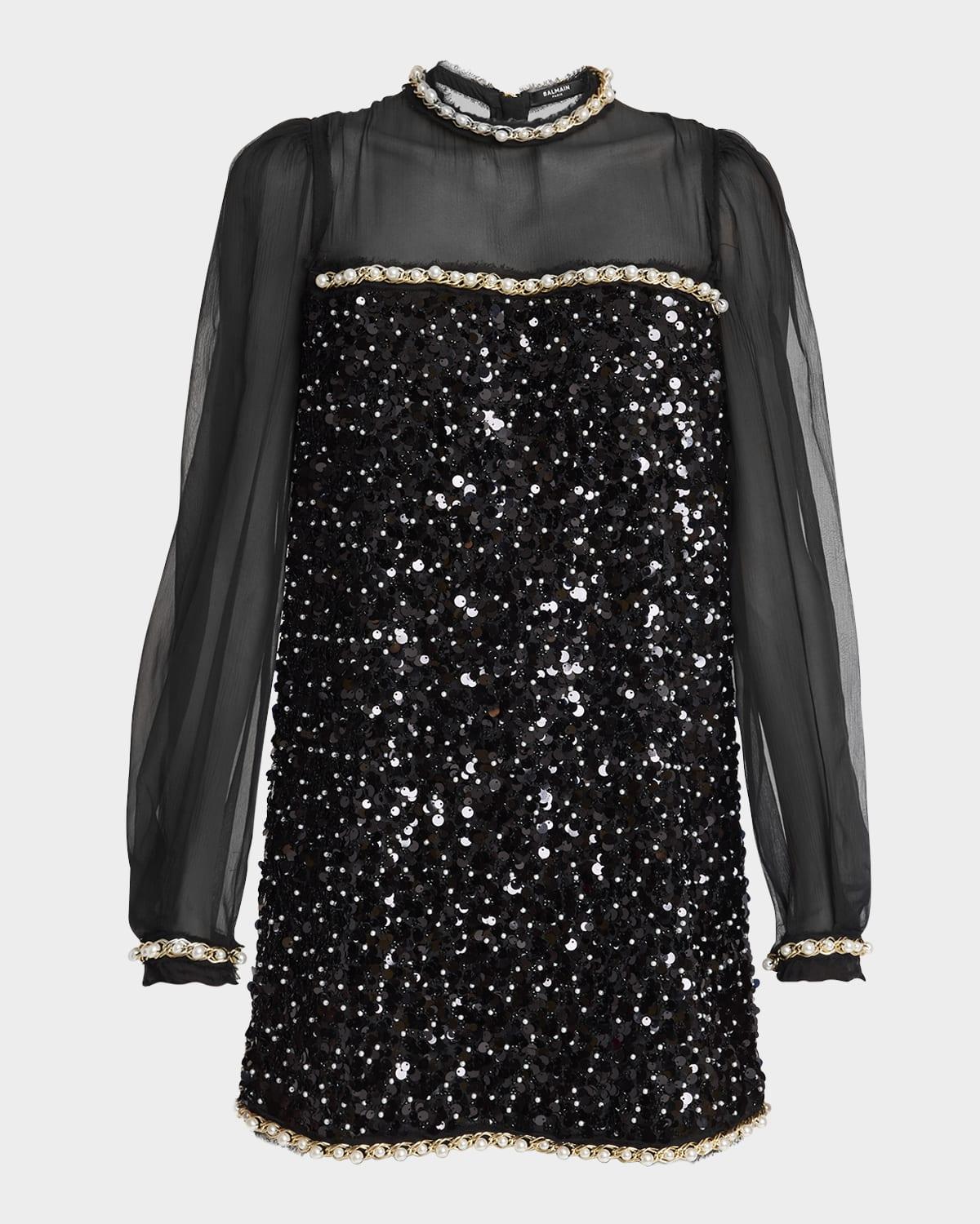 pearly chain long-sleeve sequined mini dress
