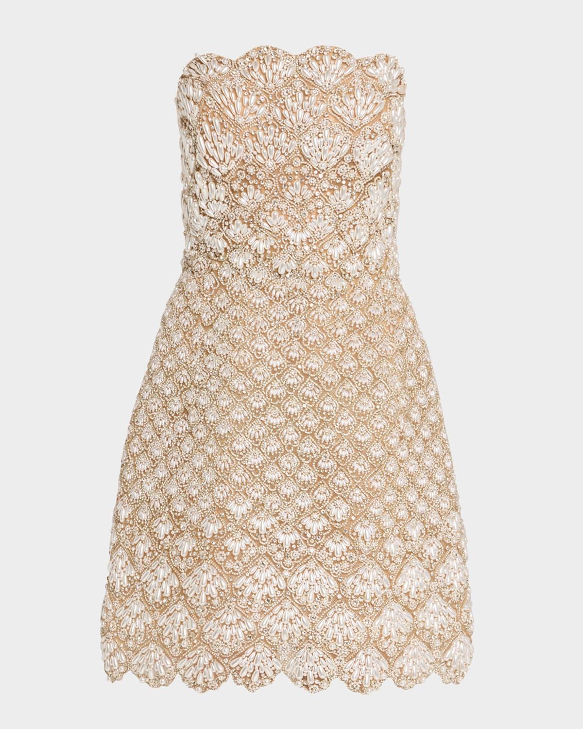 pearly scallop strapless mini cocktail dress