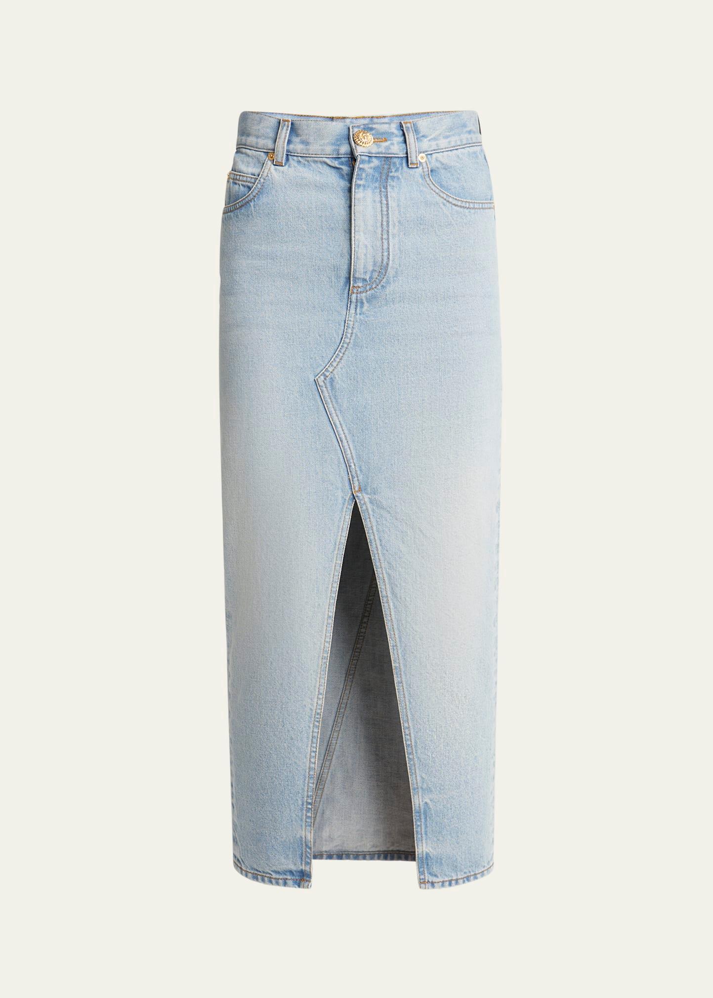 pencil denim midi skirt with slit
