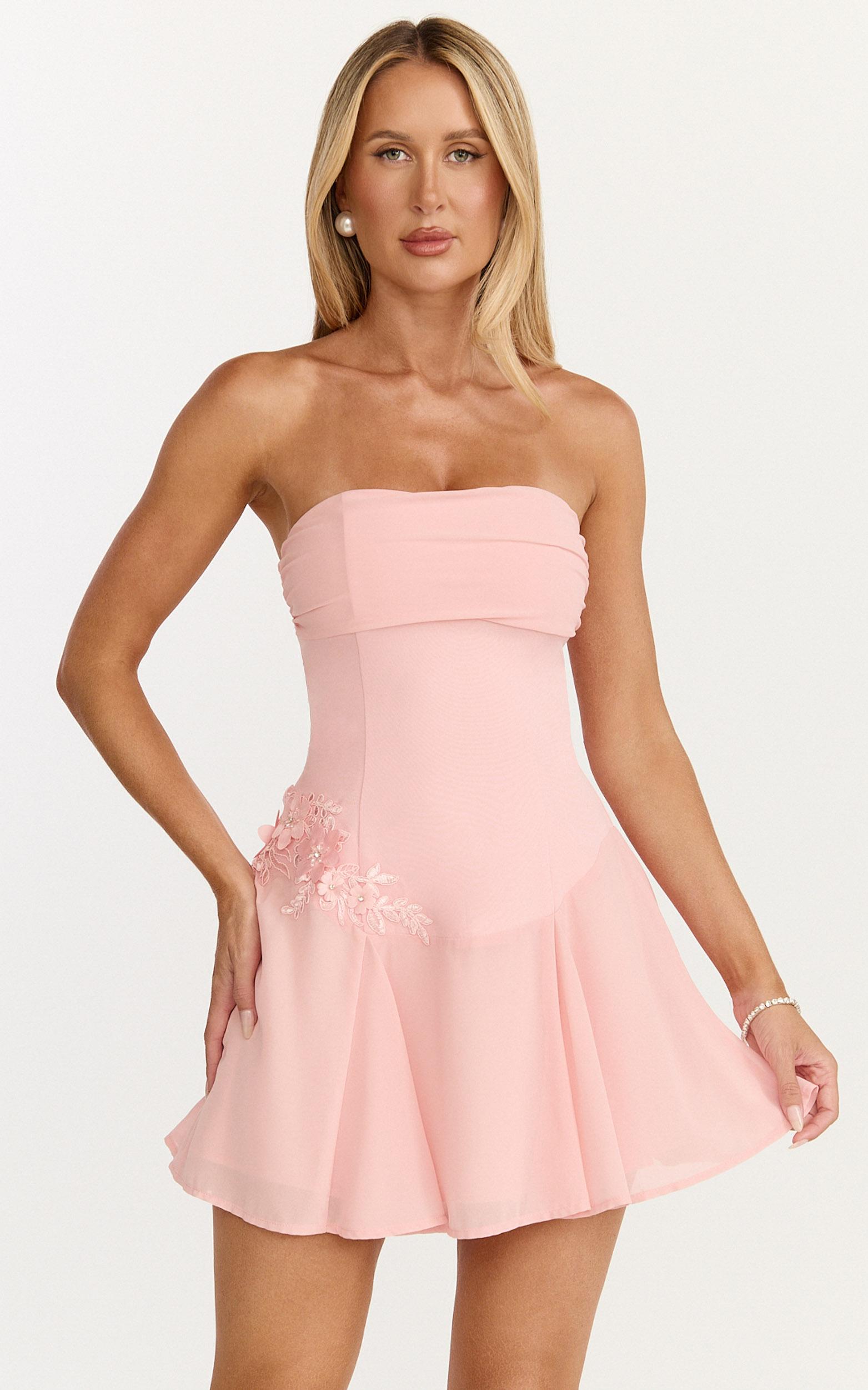 penny mini dress - strapless corset bodice floral embellished godet dress in soft pink