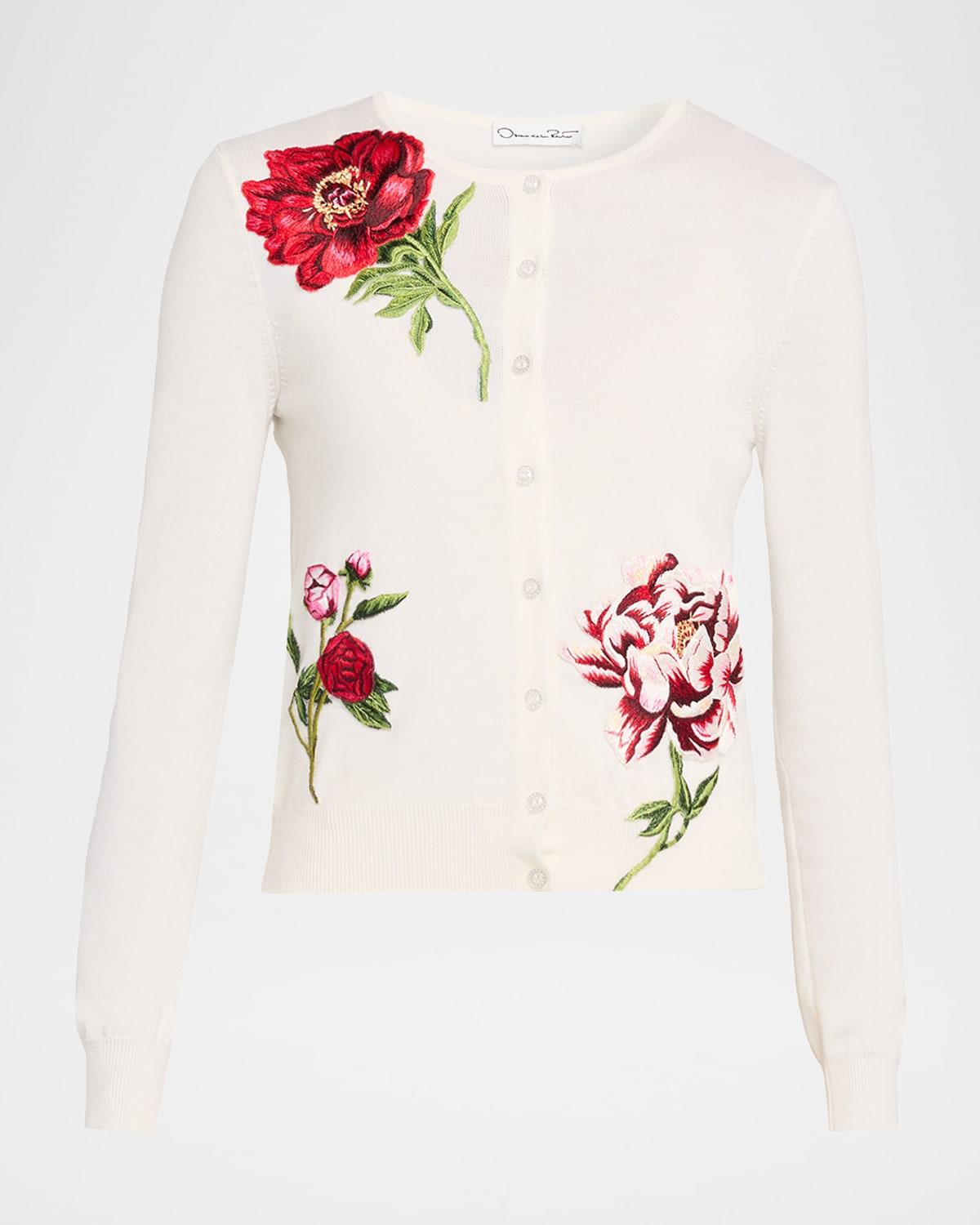 peony embroidered wool cardigan