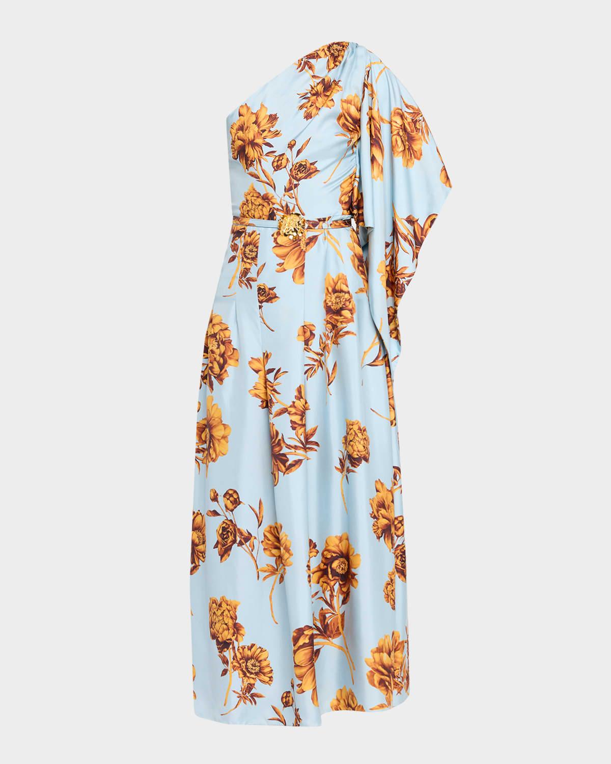 peony-print draped one-shoulder midi dress with belt