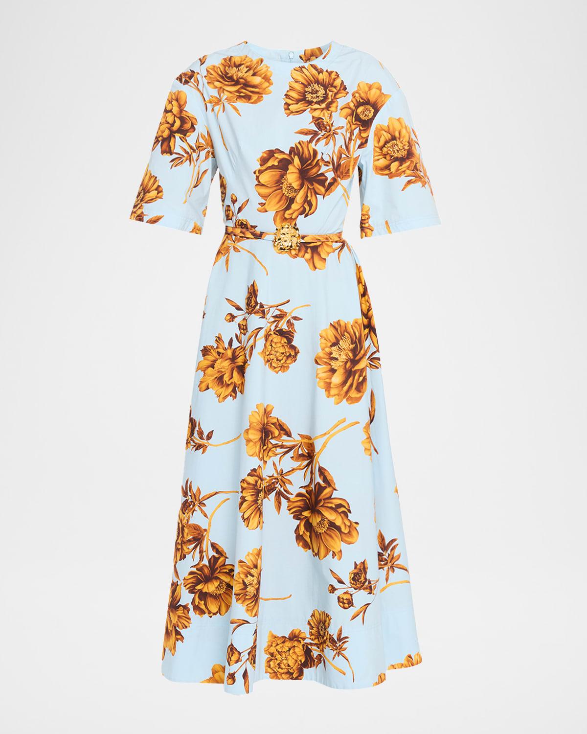 peony print poplin midi dress
