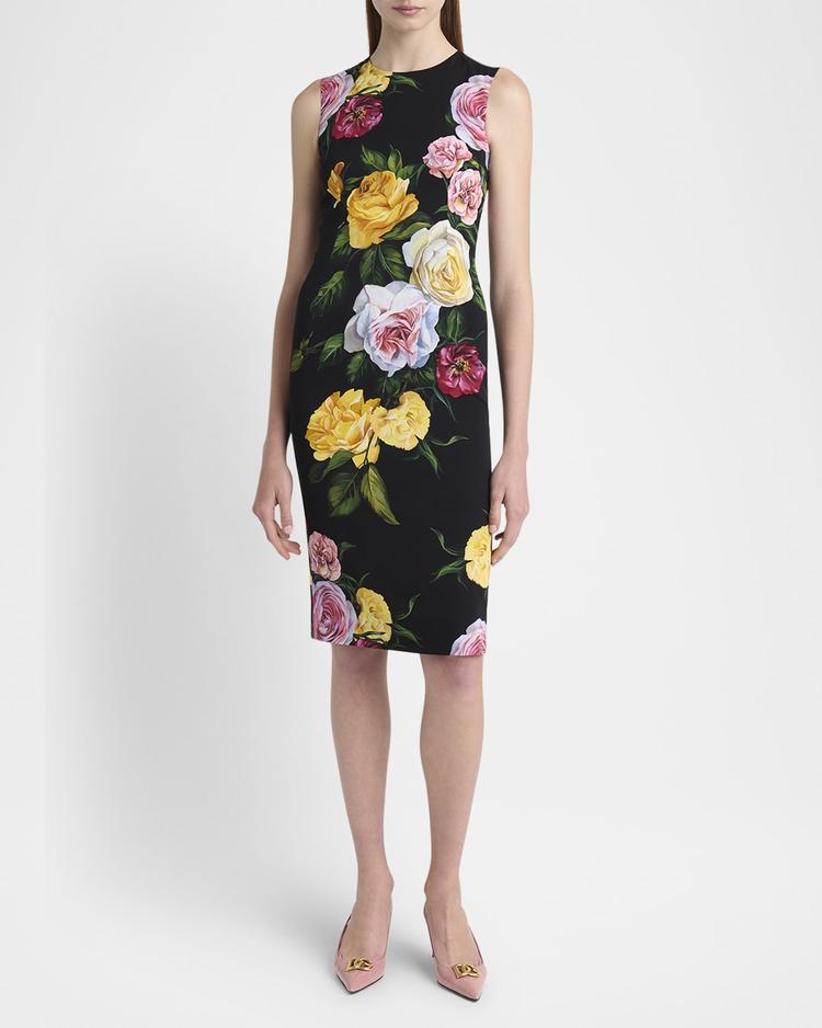 peony rose print sleeveless charmeuse midi dress