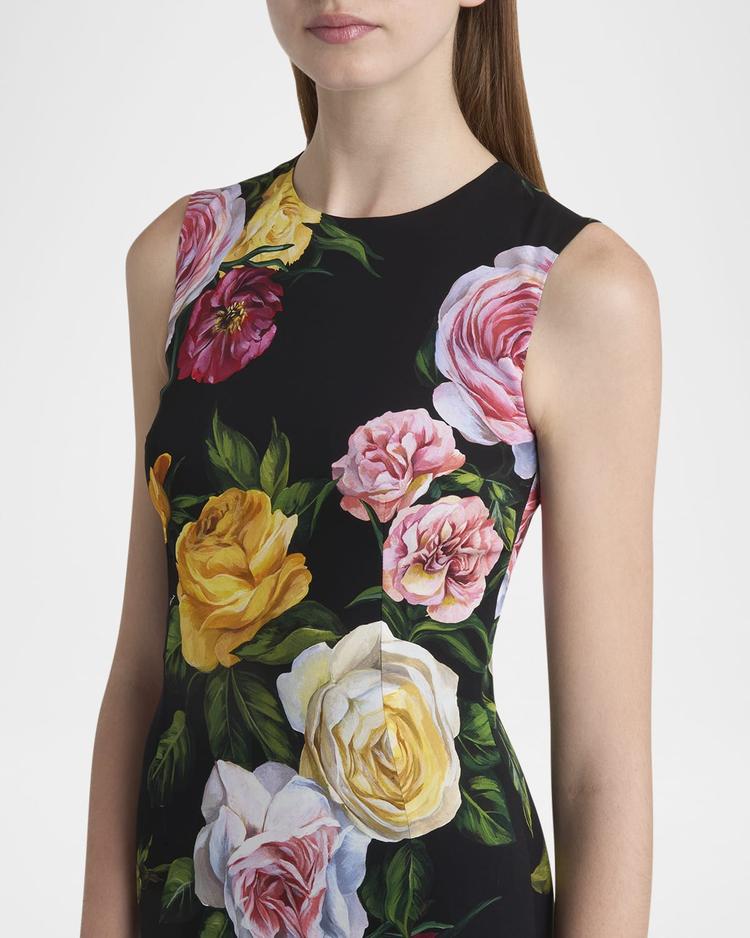 peony rose print sleeveless charmeuse midi dress