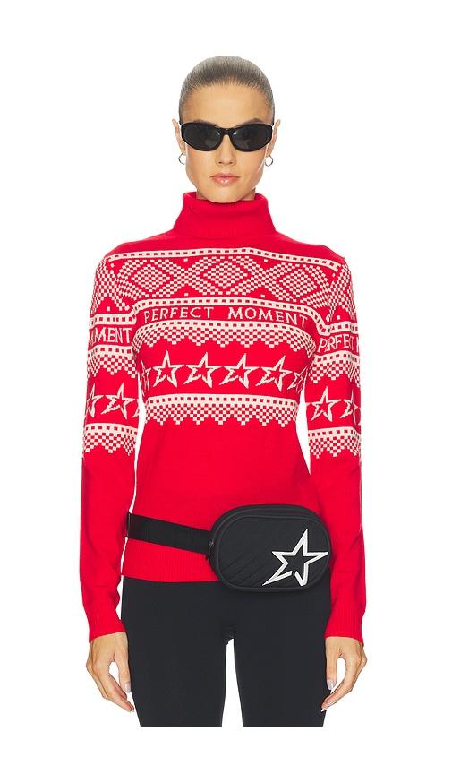 perfect moment holiday roll neck sweater in red.