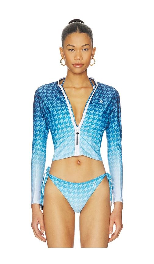 perfect moment zip through rash vest in blue.