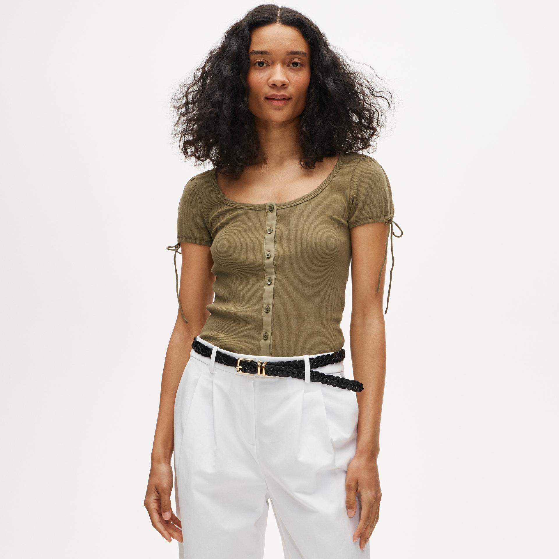 perfect rib button-up shirt with satin trim