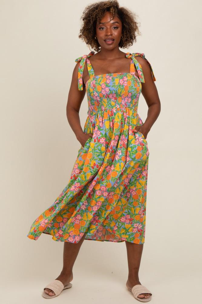 periwinkle floral smocked shoulder tie maxi dress