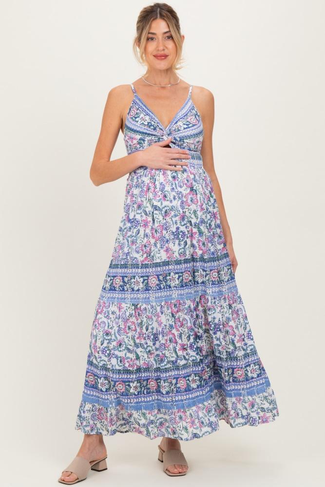periwinkle floral twist front cutout maternity maxi dress