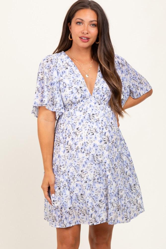 periwinkle floral v-neck flutter sleeve maternity mini dress
