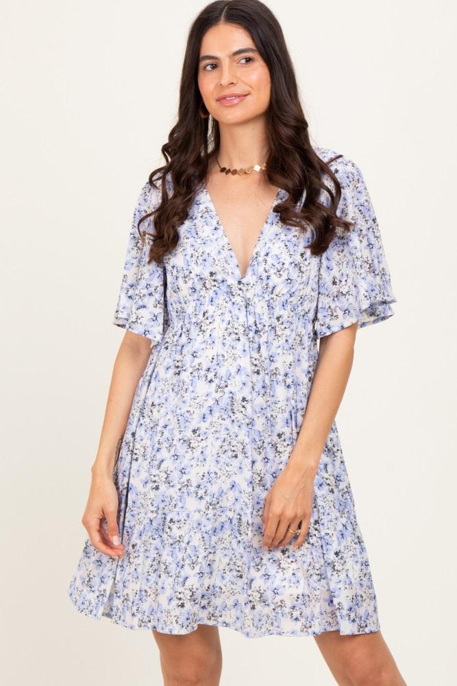 periwinkle floral v-neck flutter sleeve mini dress